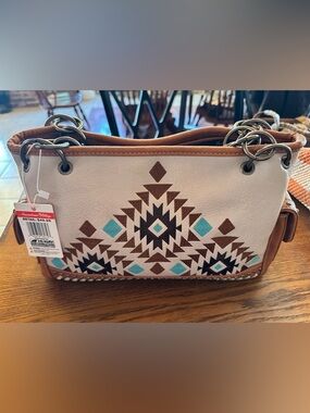 NWT Aztec Embroidered Tote Bag in Cream, Brown & Teal